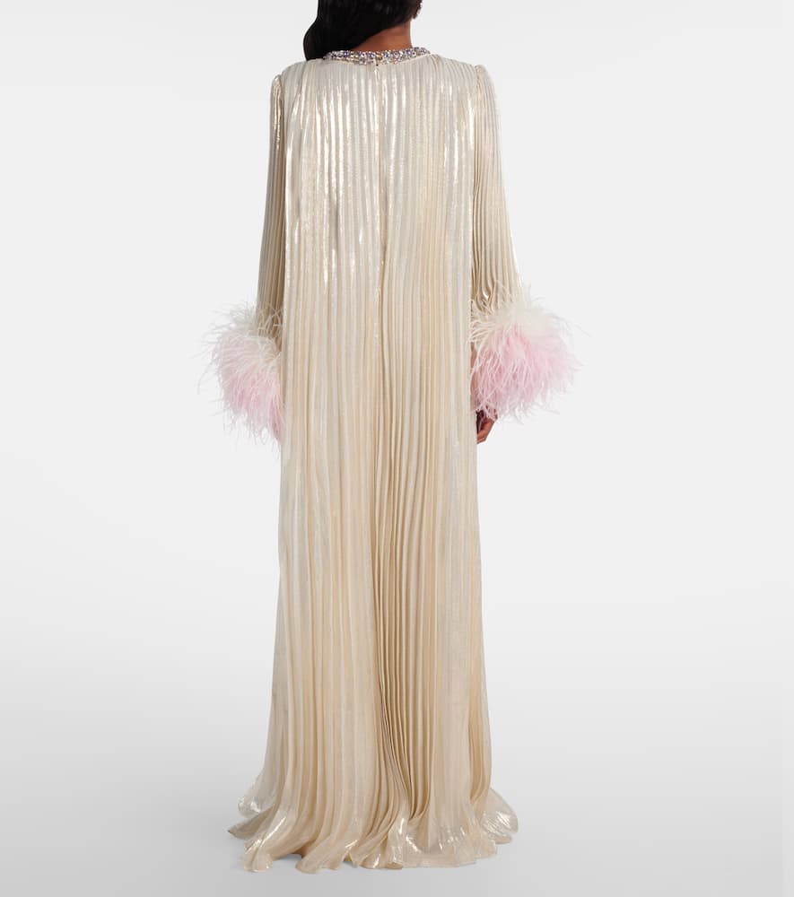 Self-portrait Embellished Feather-trimmed Silk-blend Maxi Dress In Yellow