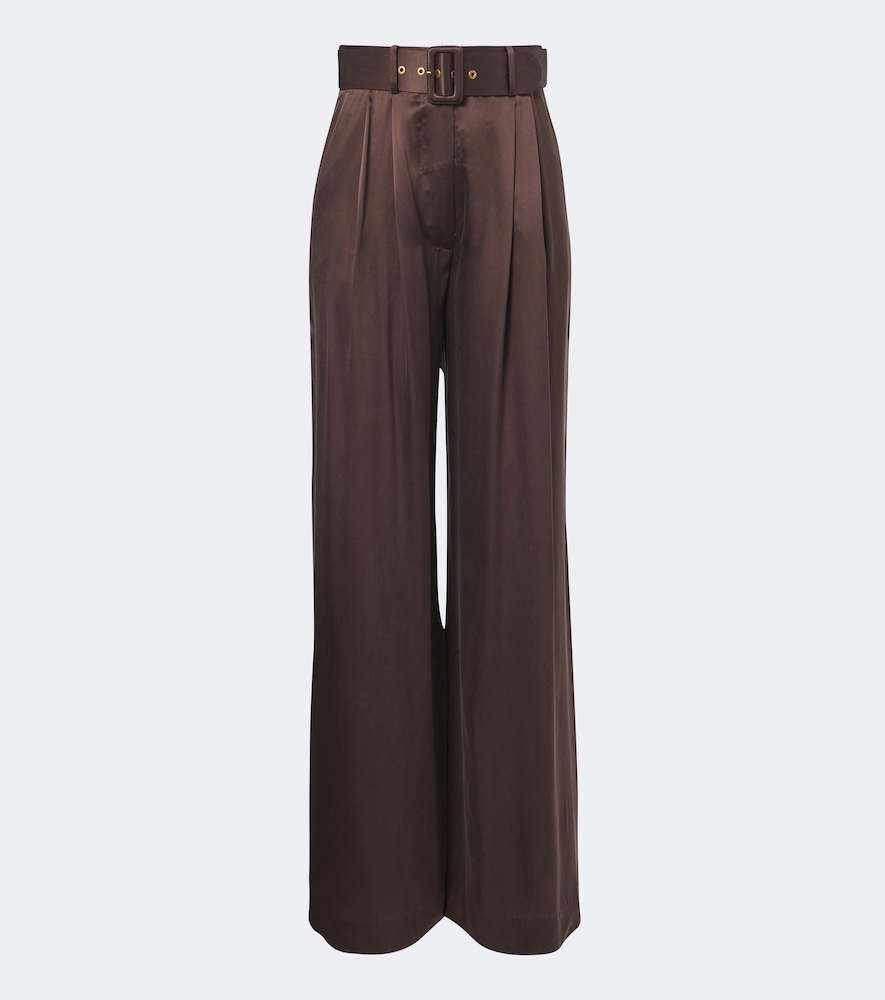 Zimmermann Belted Pleated Silk Satin Wide-leg Pants In Brown