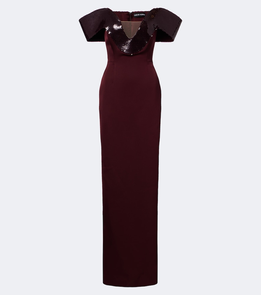 Abito lungo off-shoulder in raso con paillettes