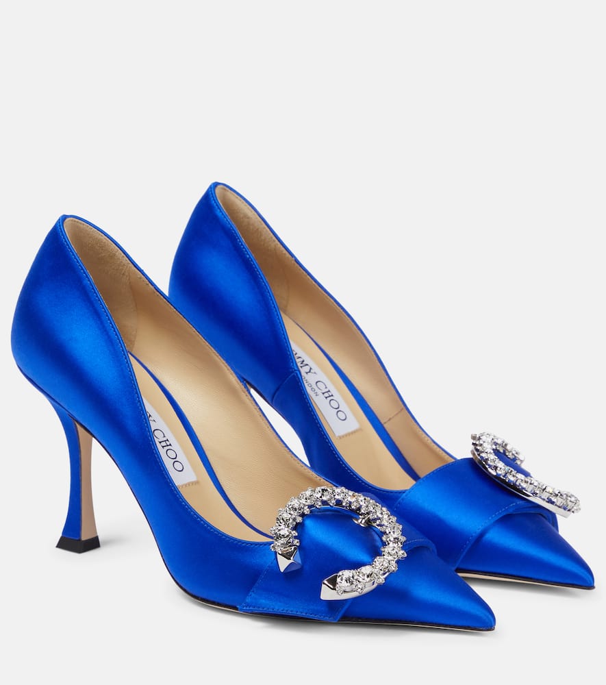 Shop Jimmy Choo Melva 90 Satin Pumps In Ultraviolet/crystal