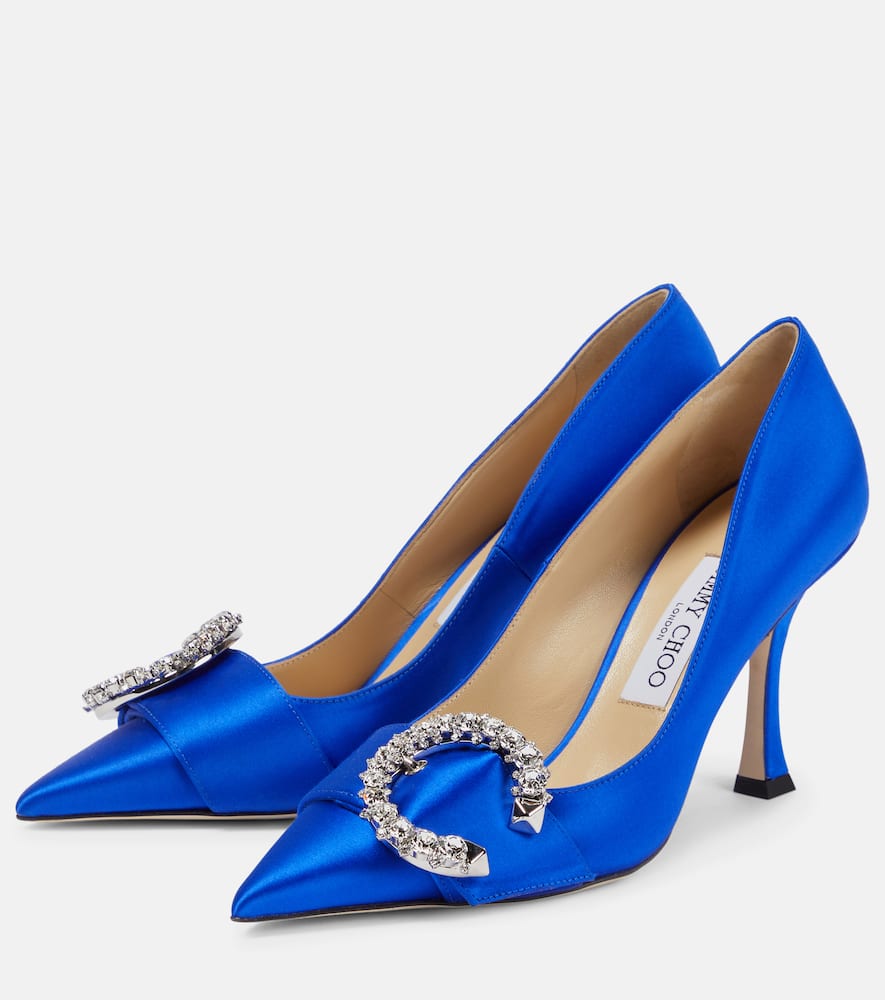 Shop Jimmy Choo Melva 90 Satin Pumps In Ultraviolet/crystal