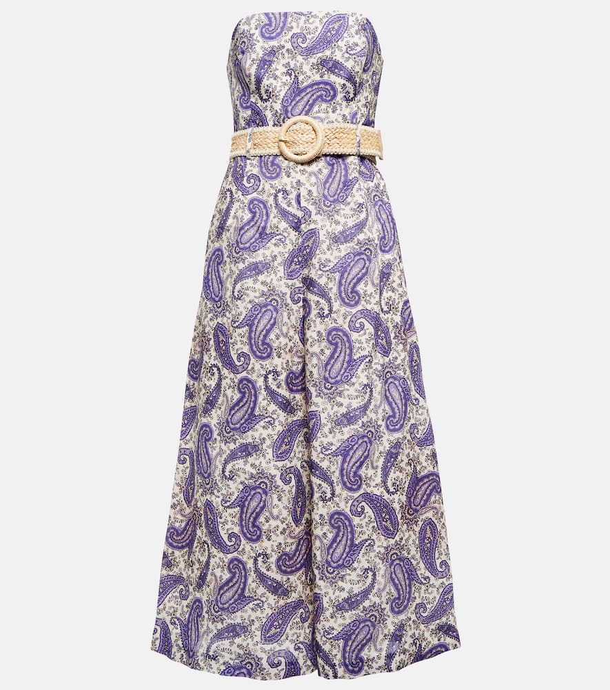 Shop Zimmermann Devi Strapless Linen Jumpsuit In Indigo/cream Paisley