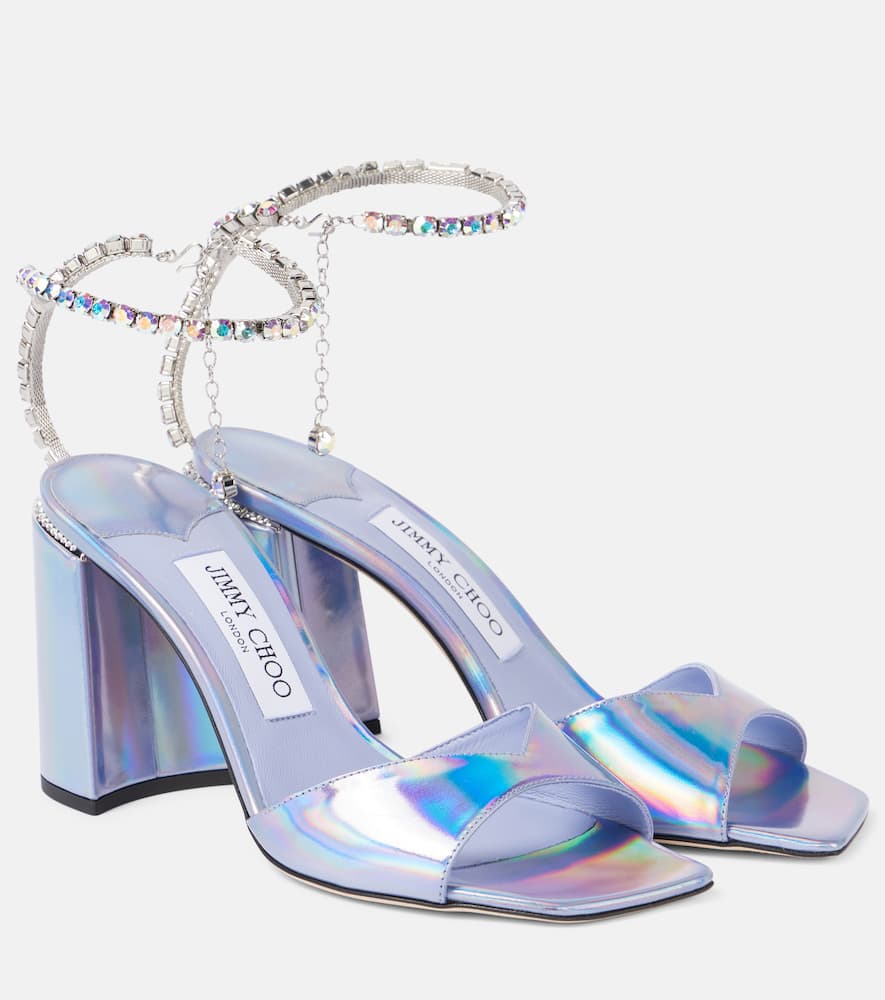 Shop Jimmy Choo Saeda Embellished Metallic Leather Sandals In Purple