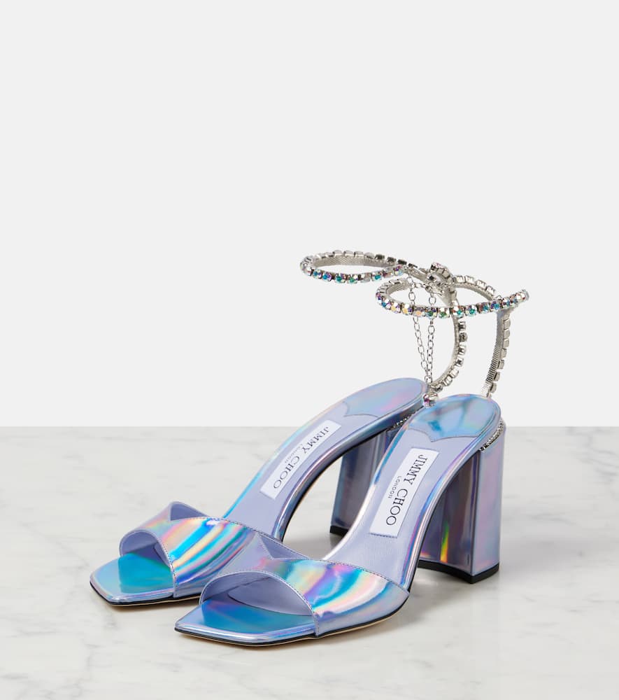 Shop Jimmy Choo Saeda Embellished Metallic Leather Sandals In Purple