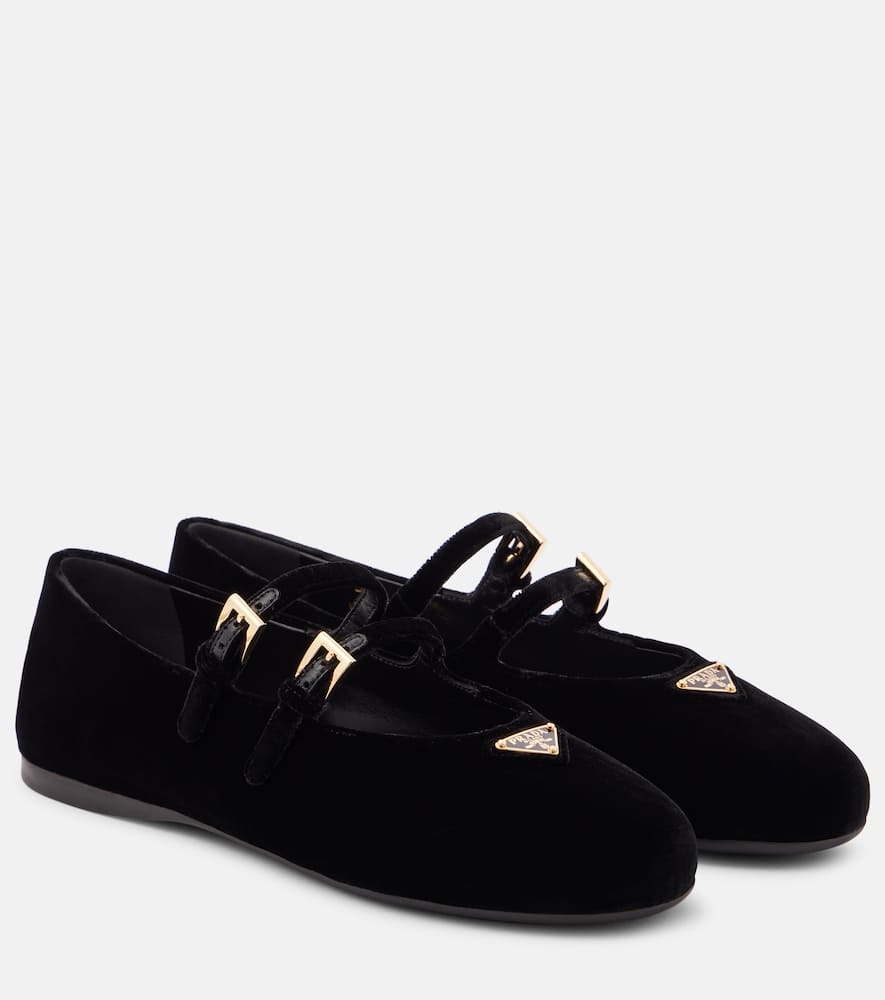 Prada Triangle Logo Velvet Ballet Flats In Black