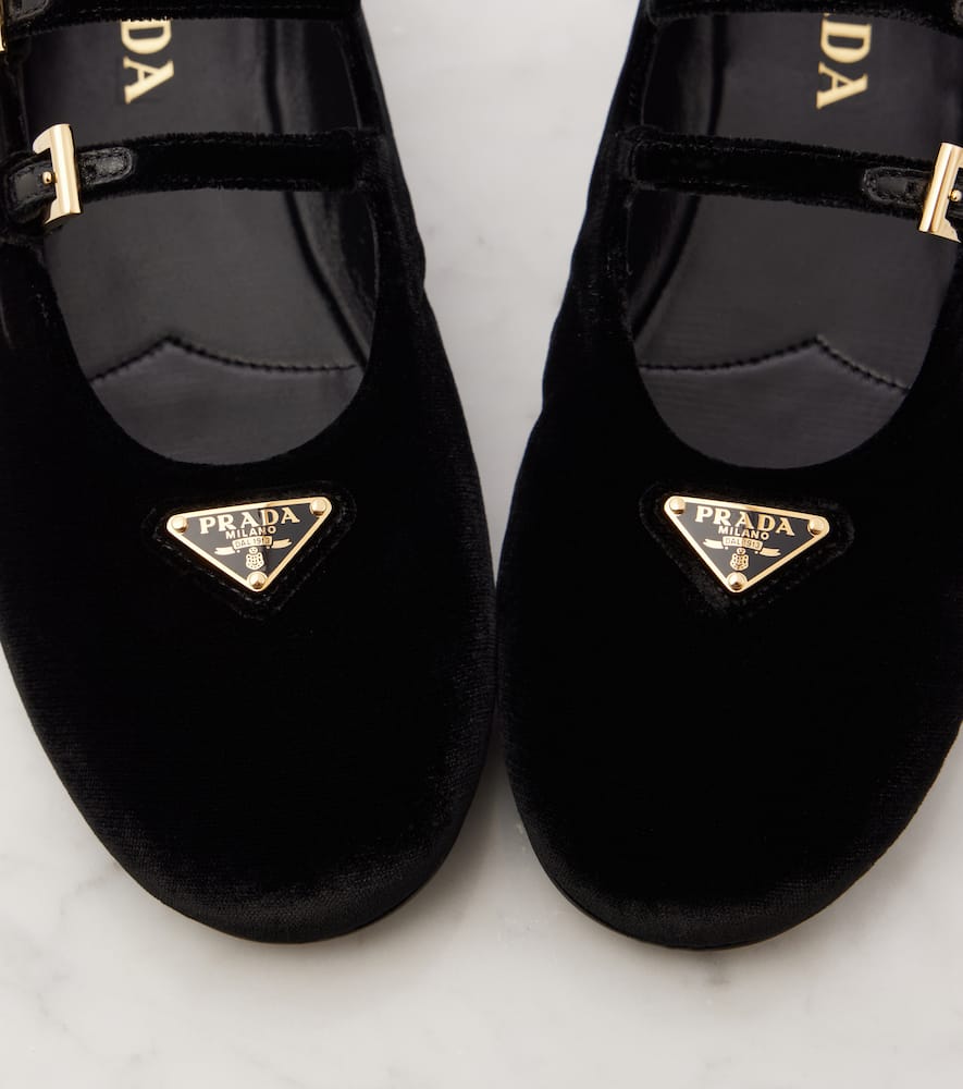 Prada Triangle Logo Velvet Ballet Flats In Black
