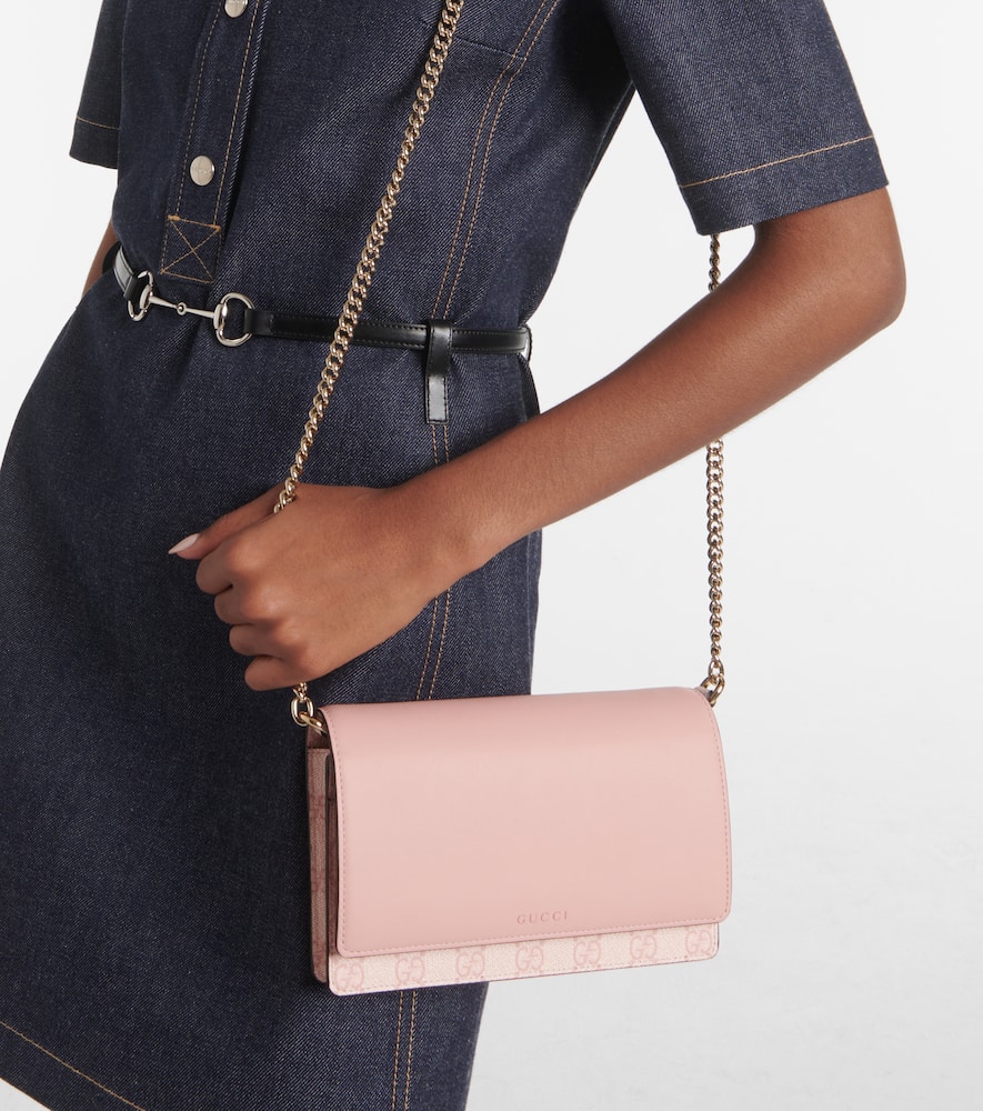 Gucci Gg Emblem Leather-trimmed Wallet On Chain In Pink