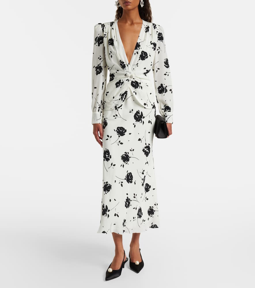 Alessandra Rich Embellished Pleated Floral-print Silk Crepe De Chine Midi Dress In White