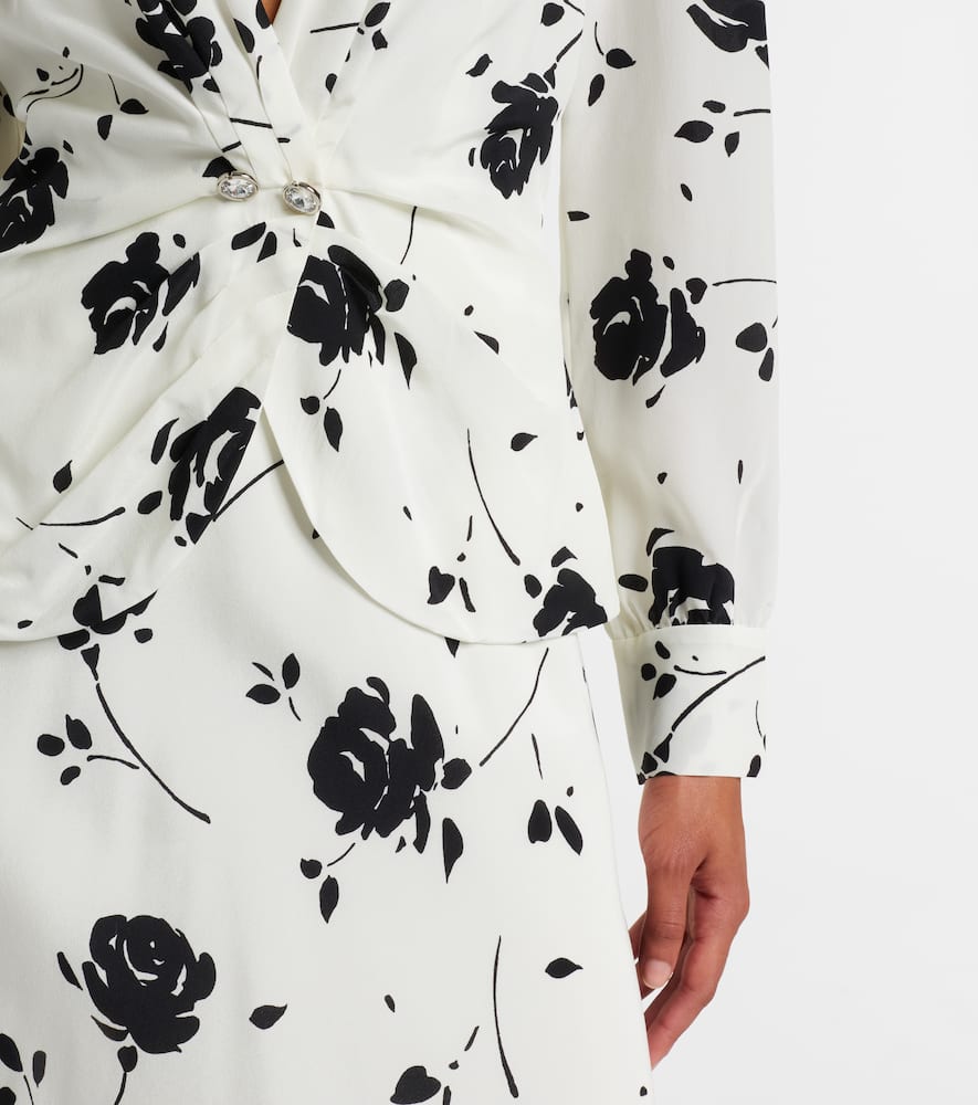 Alessandra Rich Embellished Pleated Floral-print Silk Crepe De Chine Midi Dress In White