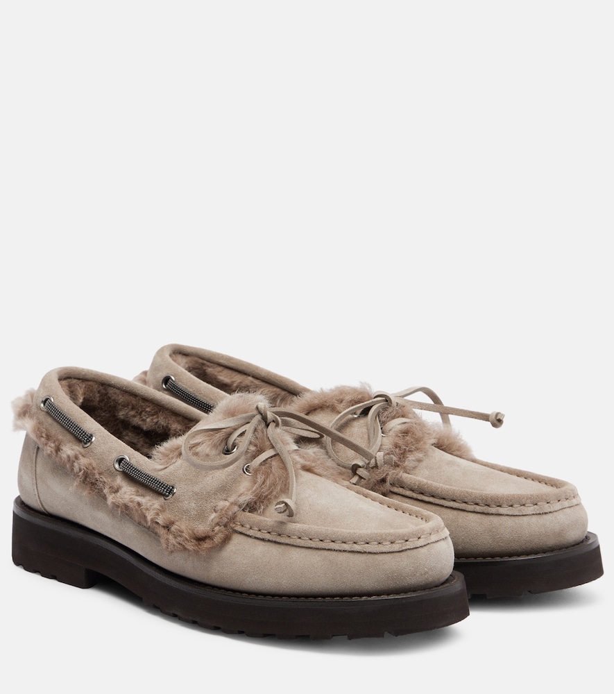 BRUNELLO CUCINELLI Brunello Cucinelli Monili shearling-trimmed suede boat shoes　Brunello Cucinelli Monili シアリングトリム スエード ボートシューズ