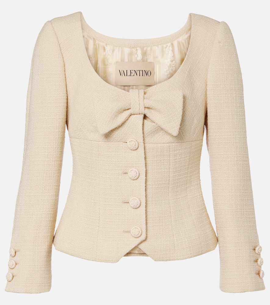 Valentino Bow-detail Cropped Wool-blend Tweed Jacket In Neutral