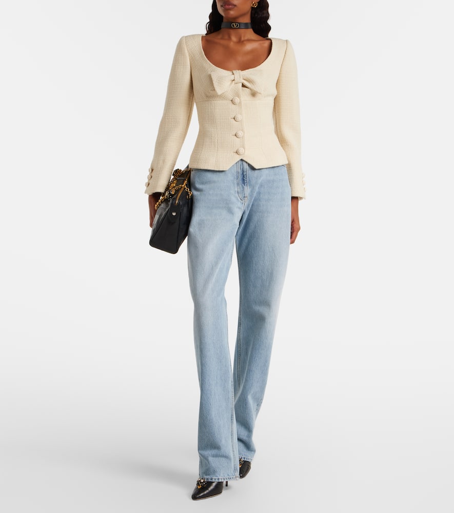 Valentino Bow-detail Cropped Wool-blend Tweed Jacket In Neutral