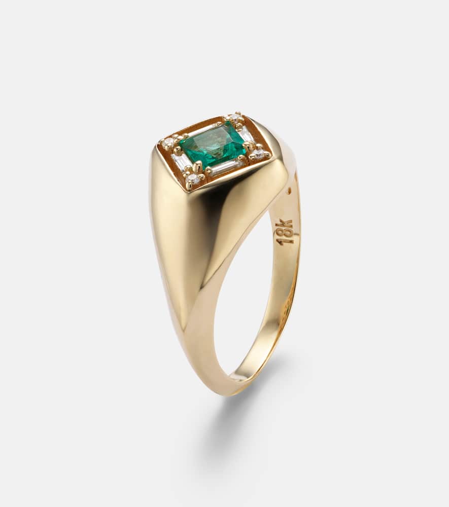 Suzanne Kalan Signet Mini 18kt Gold Ring With Emerald And Diamonds In Gold