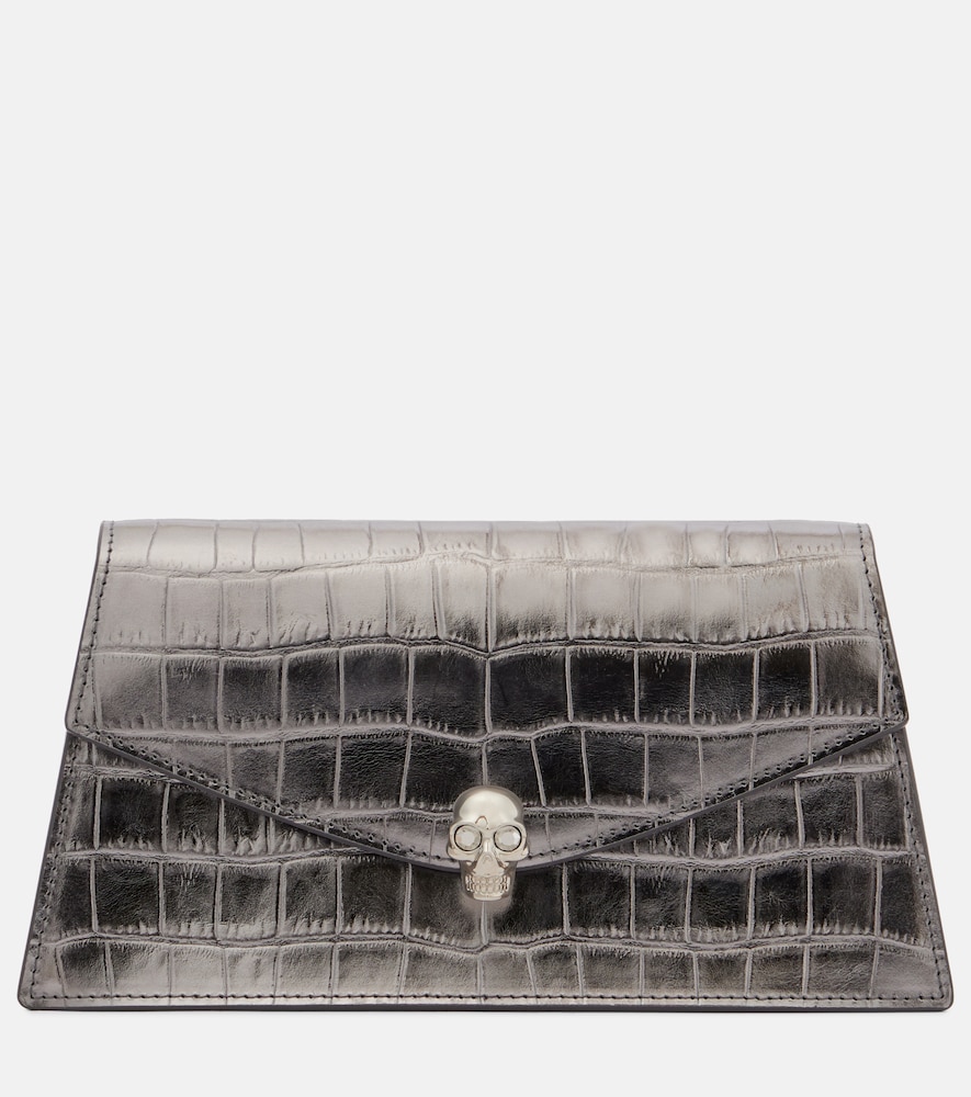 Alexander Mcqueen Skull Mini Croc-effect Leather Clutch In Silver