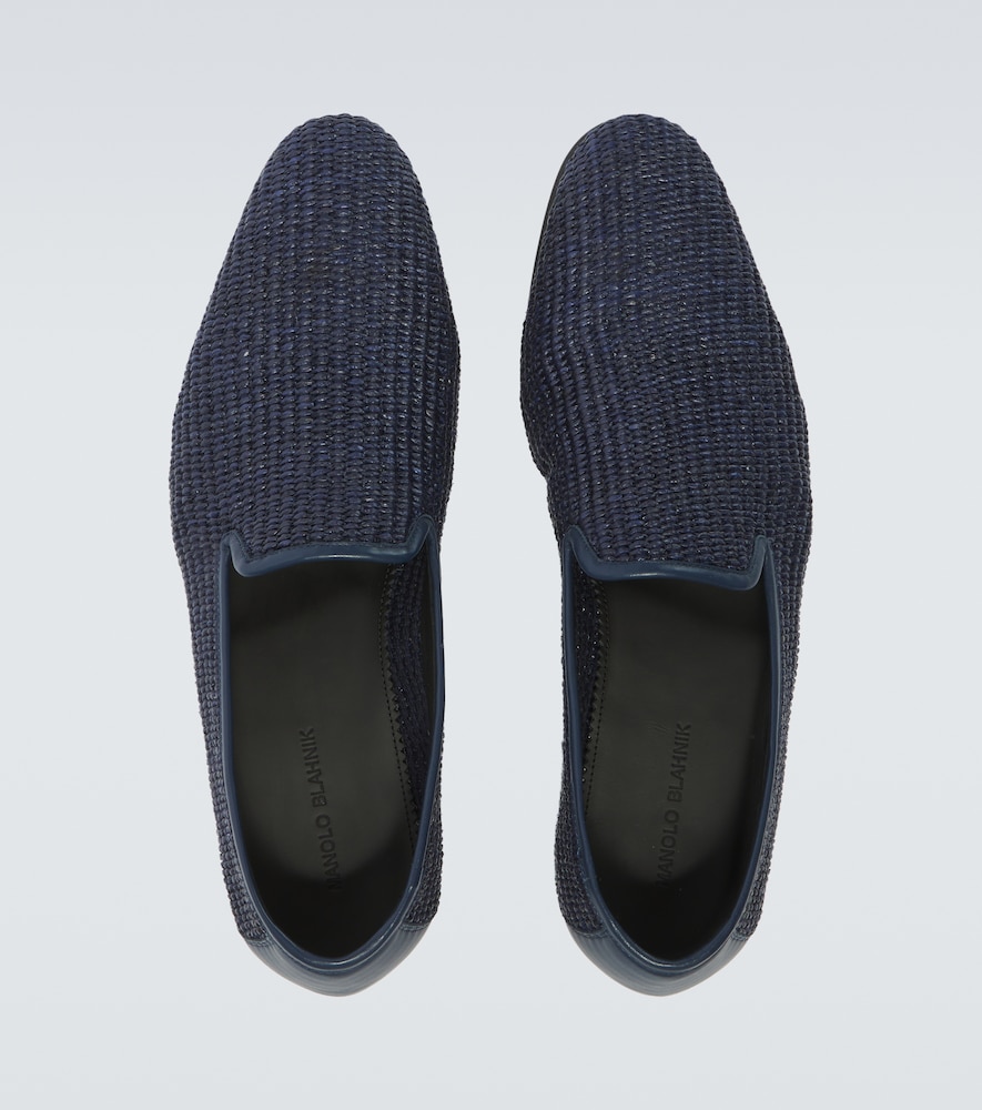 Mario Leather-Trimmed Raffia Loafers