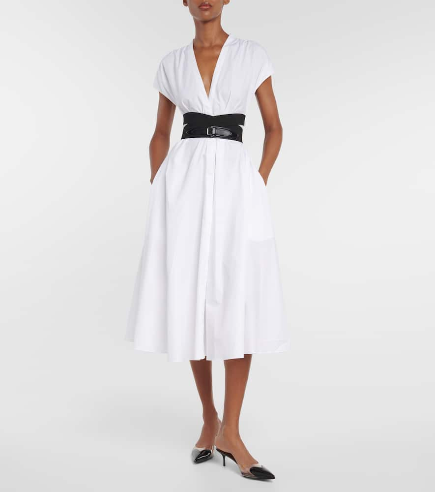 Shop Alaïa Belted Cotton Poplin Midi Dress In White