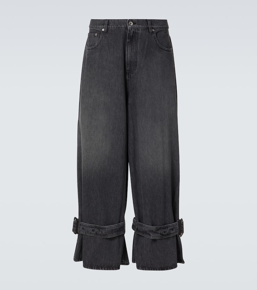 Belt-detail faded wide-leg jeans