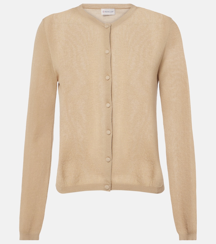 Moncler Embroidered Logo Cotton Blend Cardigan In Beige