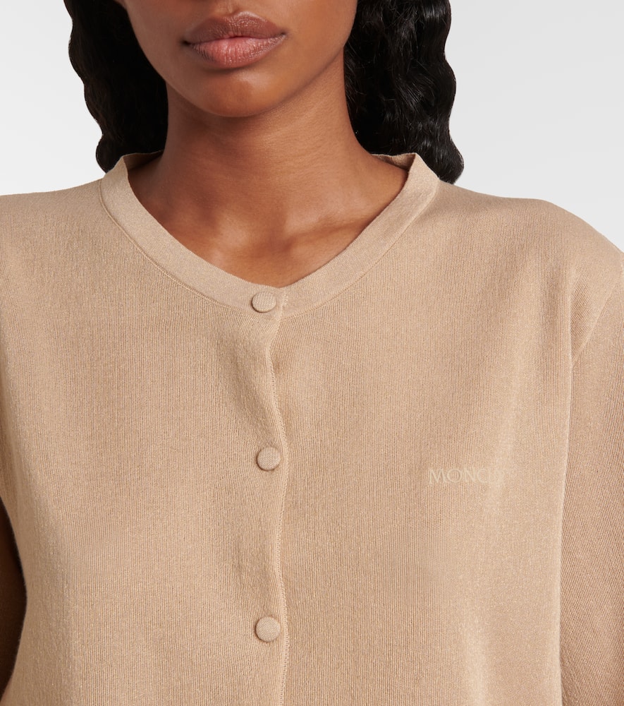 Moncler Embroidered Logo Cotton Blend Cardigan In Beige