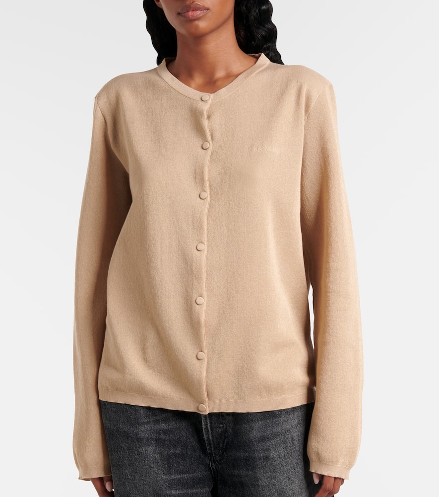 Moncler Embroidered Logo Cotton Blend Cardigan In Beige