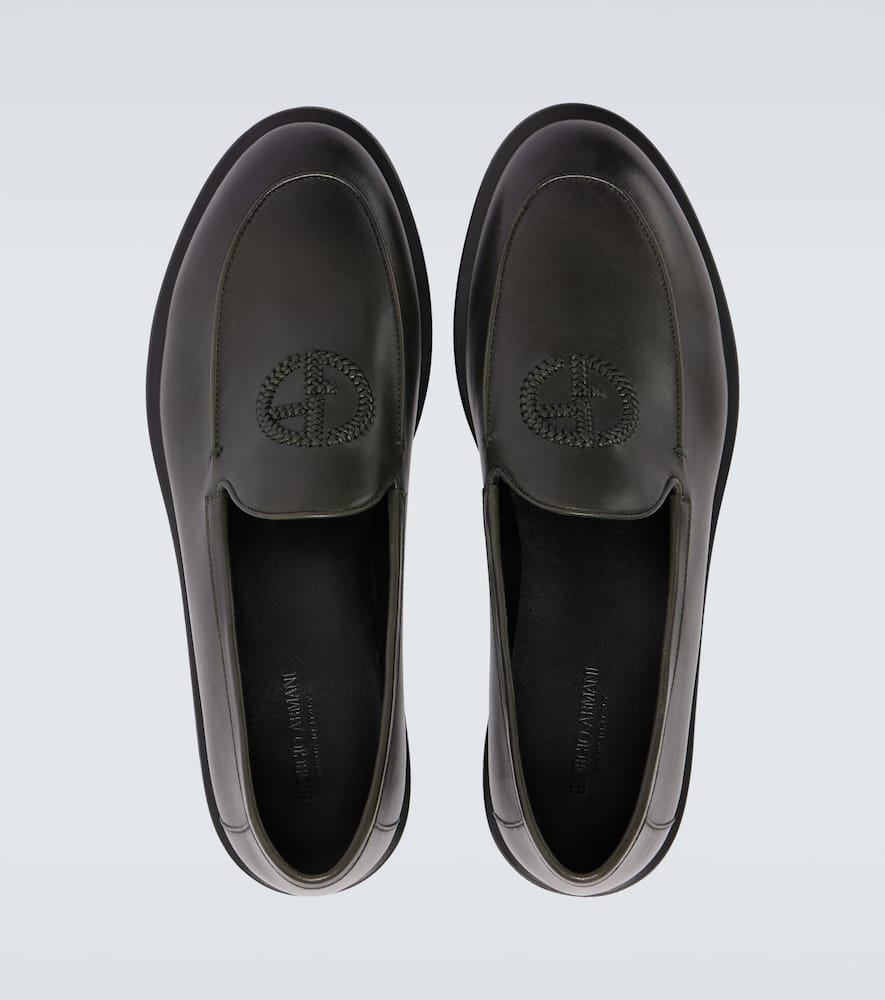 Giorgio Armani Official Store Antique-leather Loafers With Embroidered Logo In Black