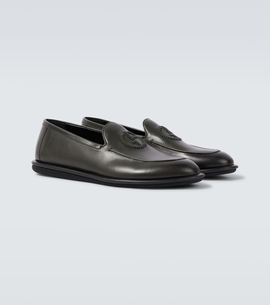 Giorgio Armani Official Store Antique-leather Loafers With Embroidered Logo In Black