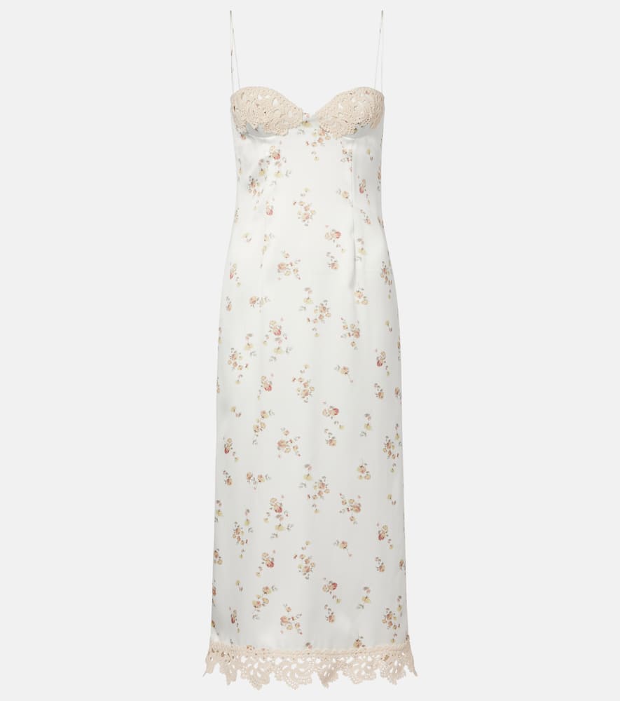 Floral crochet-trimmed silk slip dress