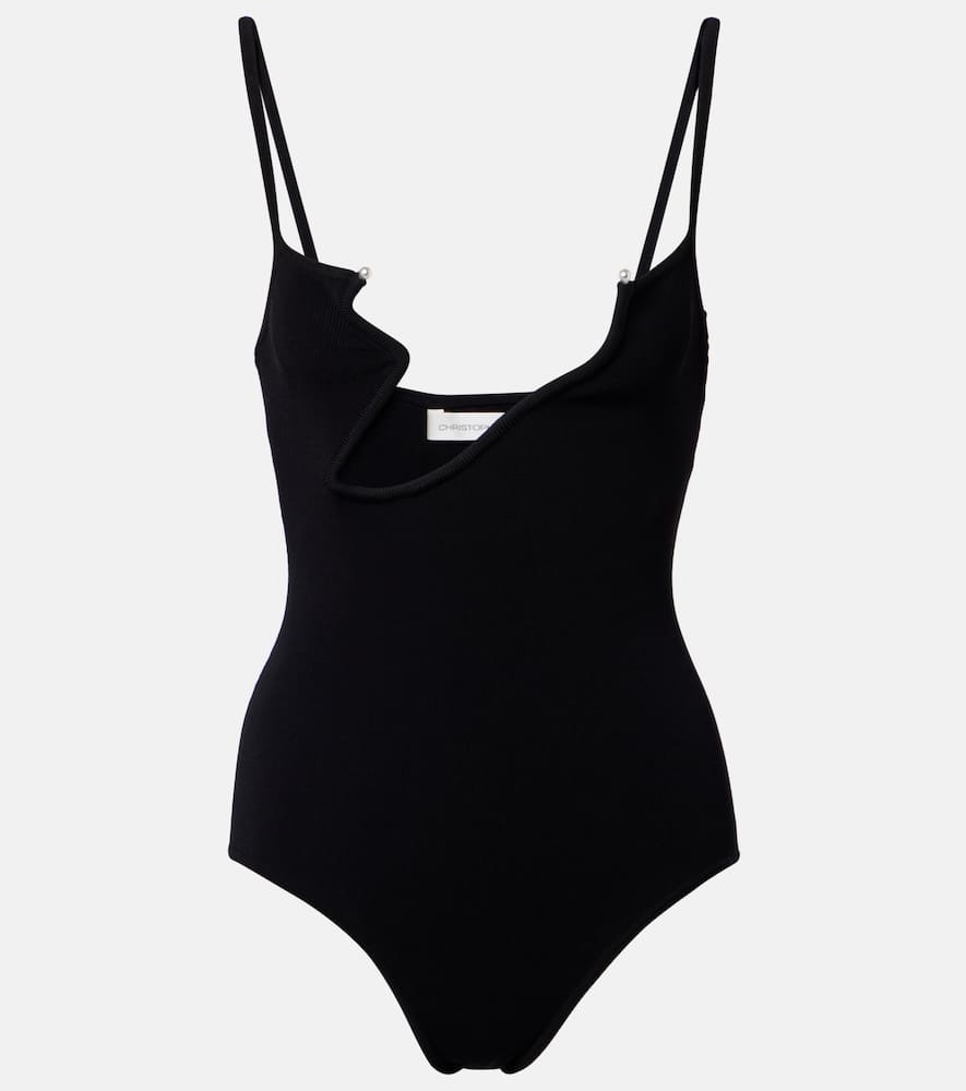 Christopher Esber Odessa Cutout Embellished Ribbed-knit Bodysuit In Black