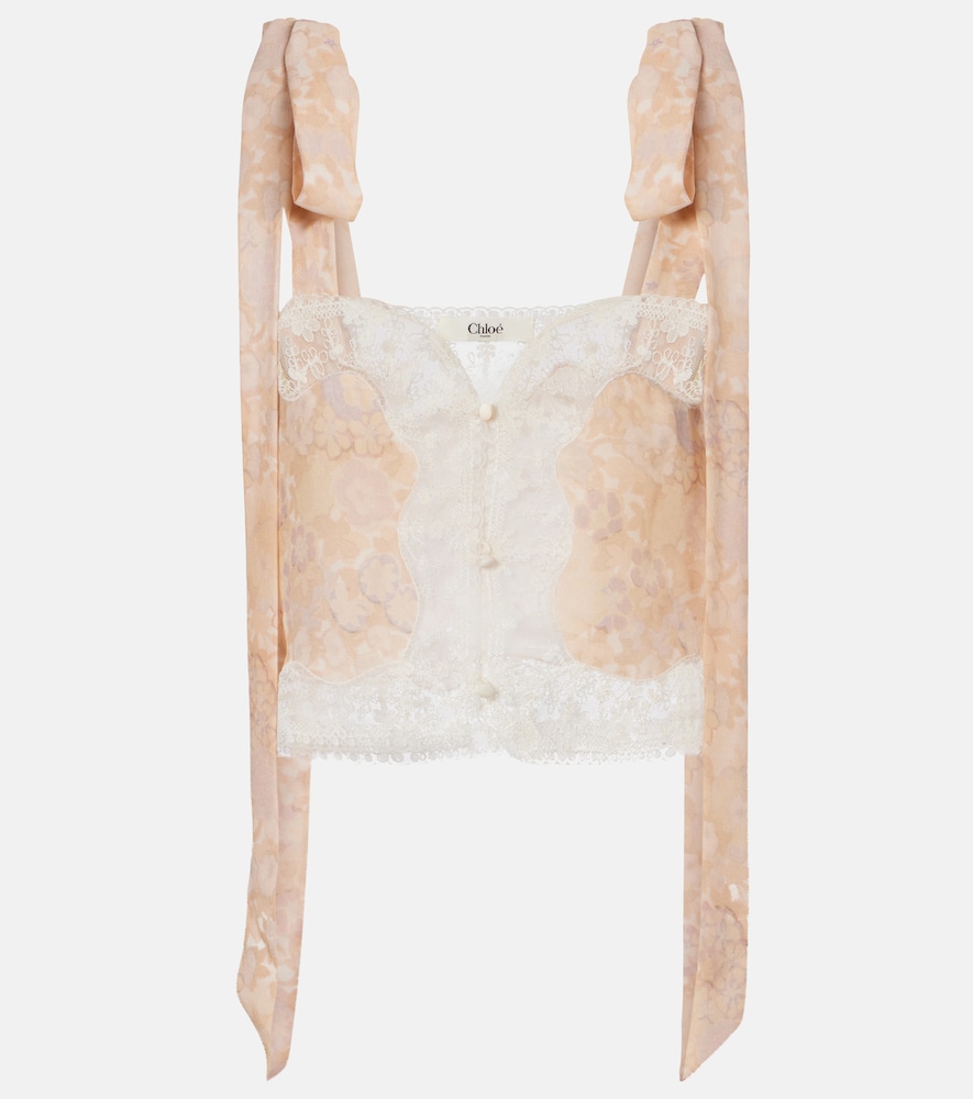 Chloe Women's Pink Floral Lace-Trimmed Silk Top UK Size 16 - Mytheresa