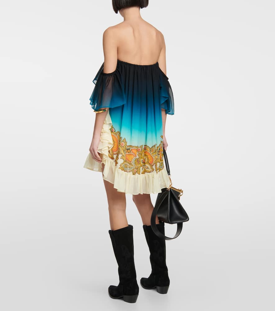 Shop Etro Off-shoulder Printed Silk Minidress In Blue