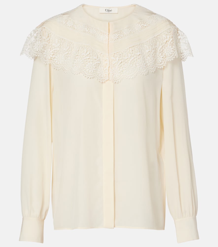 Chloé Lace-trimmed Organic Silk Crepe De Chine Blouse In White