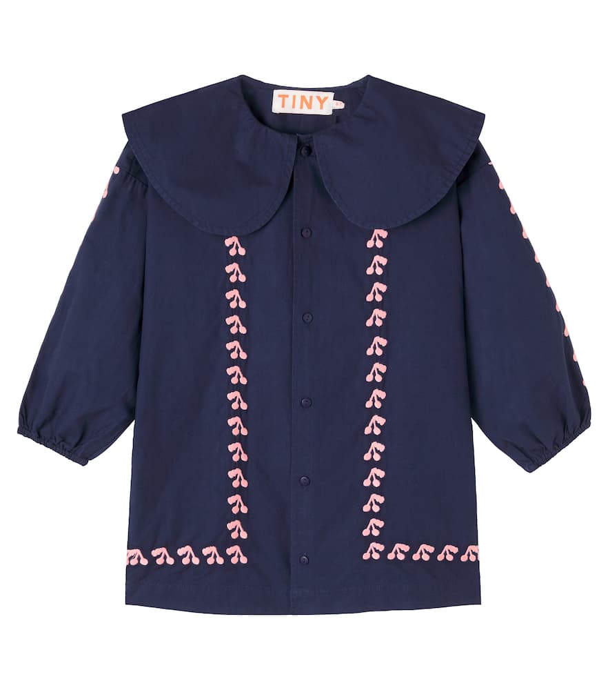 Tinycottons Kids' Cherries Embroidered Cotton Dress In Blue