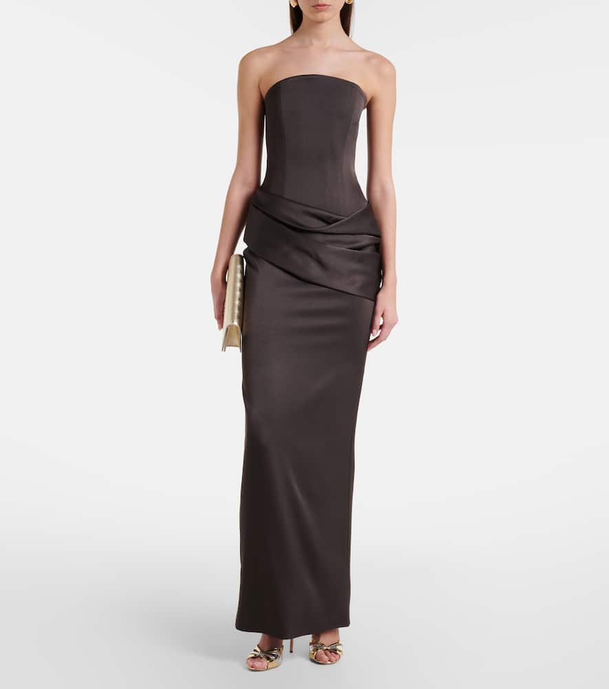 Alex Perry Draped Satin Crêpe Bustier Gown In Brown