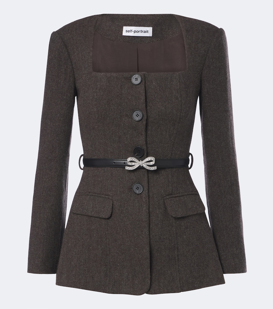 Self-portrait Belted Embellished Wool-blend Blazer In Brown