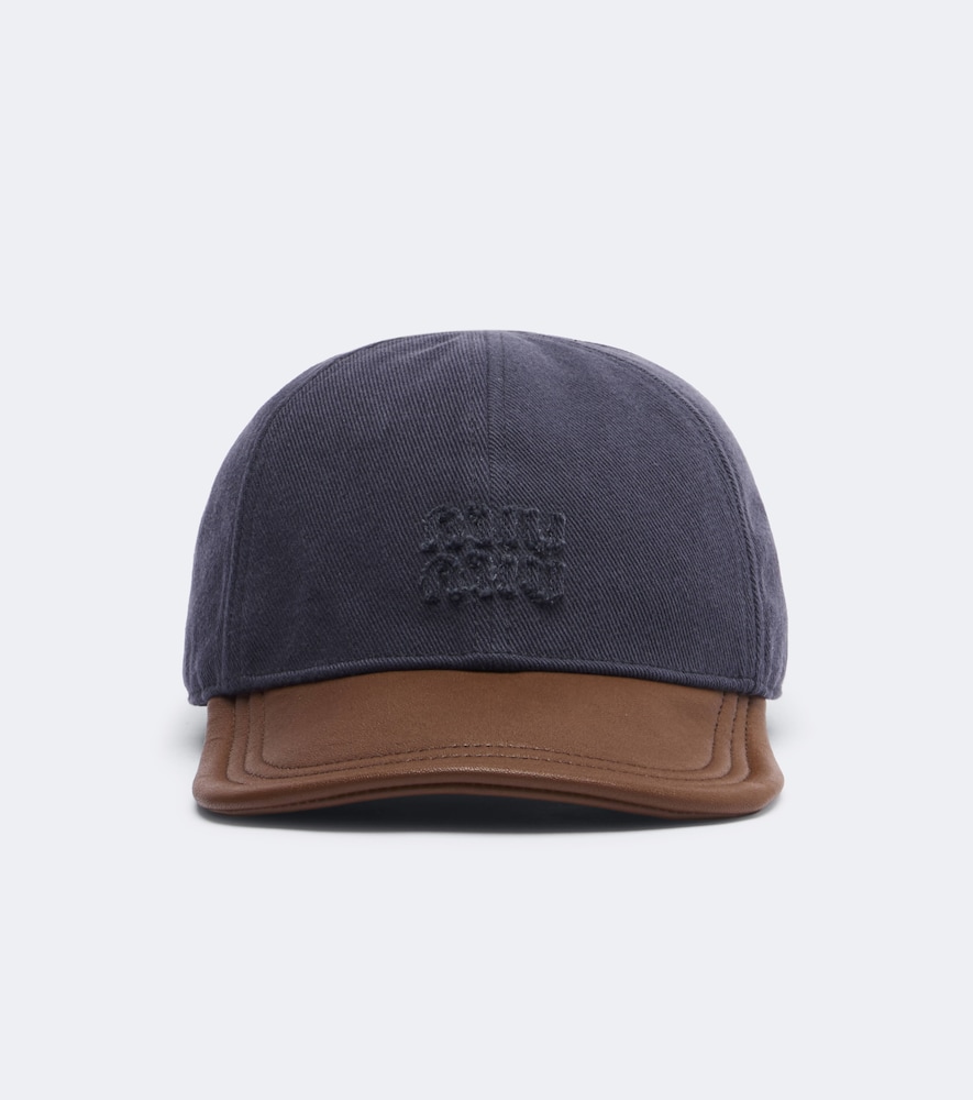 Miu Miu Leather And Cotton Gabardine Baseball Cap In Blue