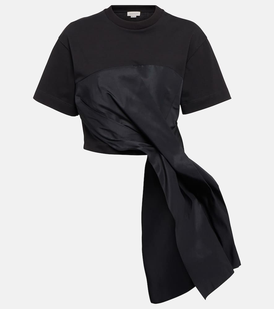 Shop Alexander Mcqueen Hybrid Drape Asymmetric Cotton And Faille T-shirt In Black