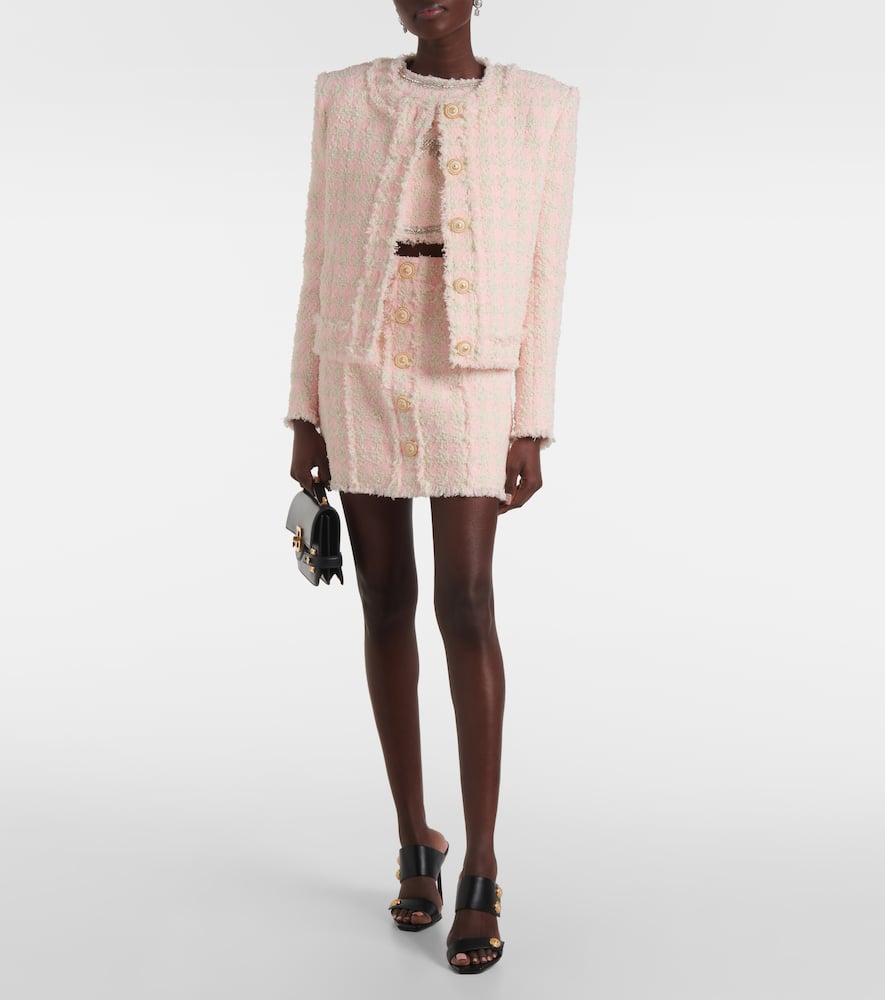 Shop Balmain Logo Embellished Bouclé Crop Top In Rose/beige