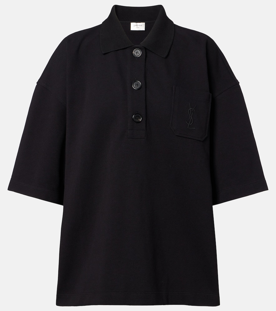 Saint Laurent Embroidered Oversized Cotton Polo Shirt In Black