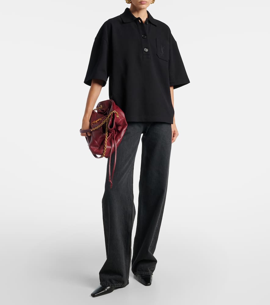 Saint Laurent Embroidered Oversized Cotton Polo Shirt In Black