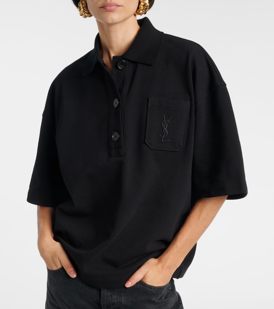 Saint Laurent Embroidered Oversized Cotton Polo Shirt In Black