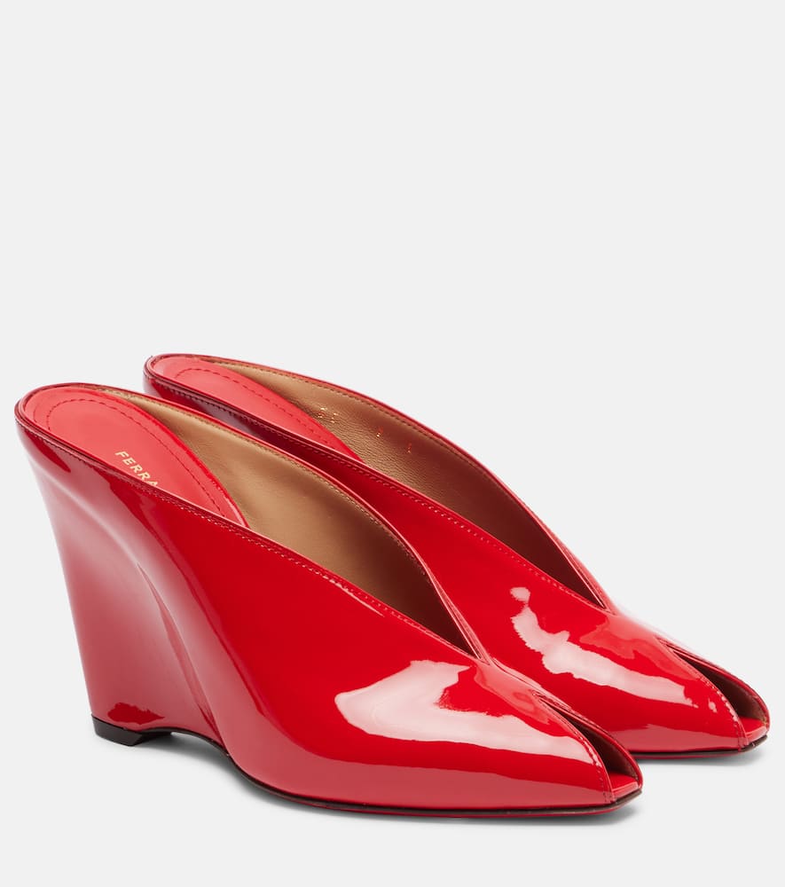 Ferragamo Alicia Patent-leather Wedge Mules In Red
