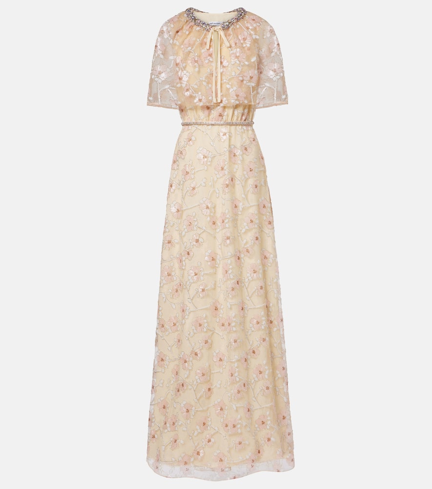 Self-portrait Embellished Floral Caped Maxi Dress In Gray