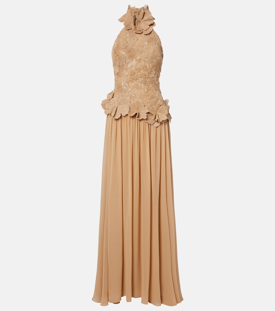 Elie Saab Women's Beige Raffia-Trimmed Silk-Blend Tulle Gown UK Size 10 - Mytheresa