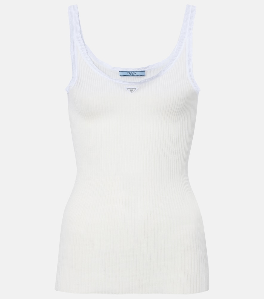 Prada Lace-trimmed ribbed-knit cotton tank top