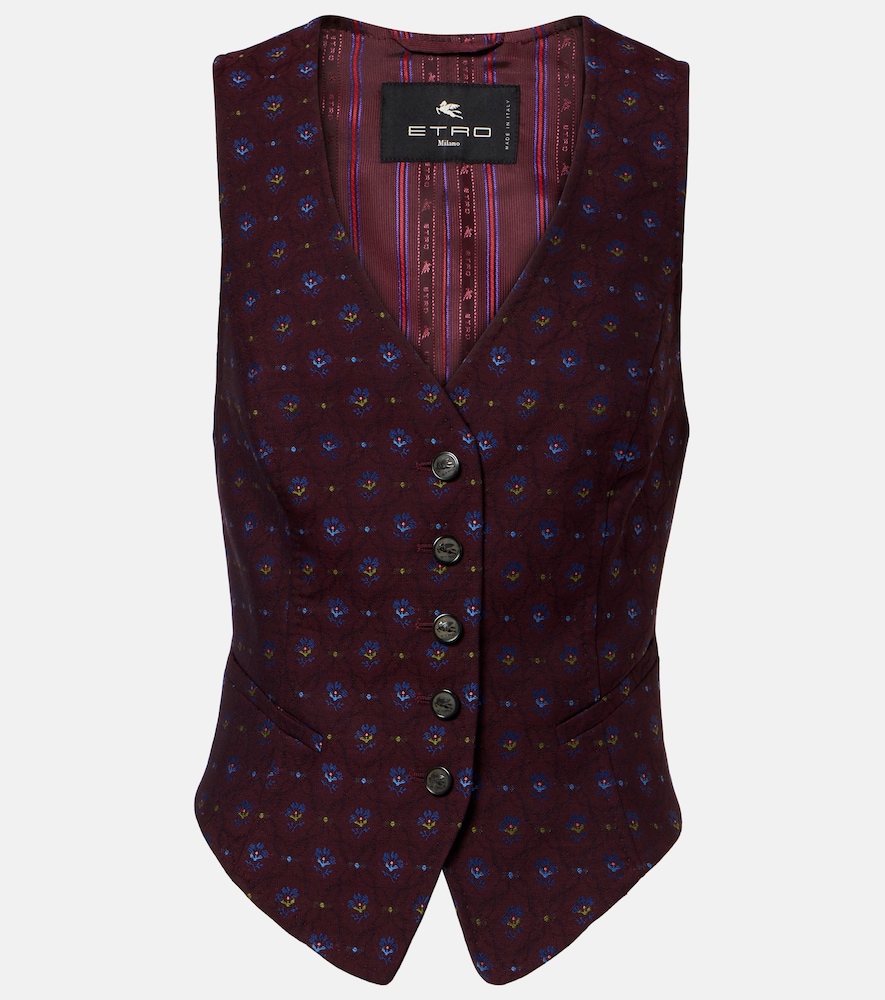 Etro Floral Wool And Cotton Jacquard Vest In Burgundy