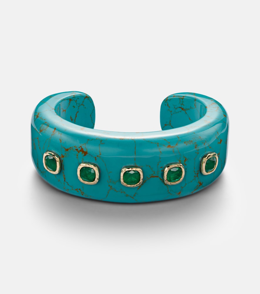 Octavia Elizabeth 18kt Gold And Turquoise Cuff Bracelet With Emeralds In Blue