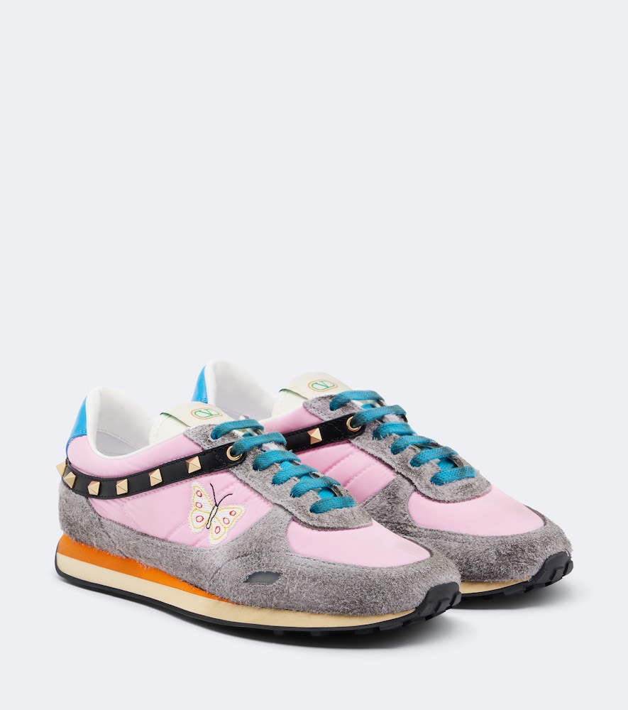 VALENTINO Valentino Garavani Rockstud embroidered suede-trimmed sneakers