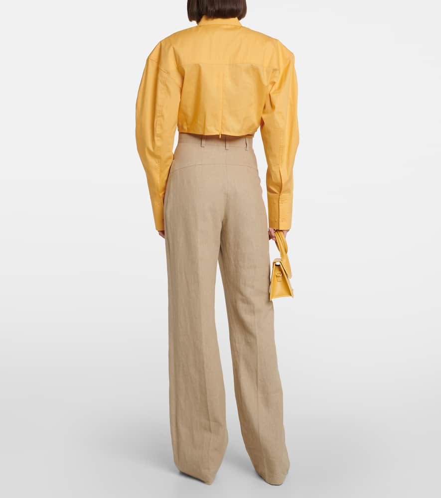 Jacquemus Plidao Cropped Embellished Cotton-blend Poplin Shirt In Light Yellow