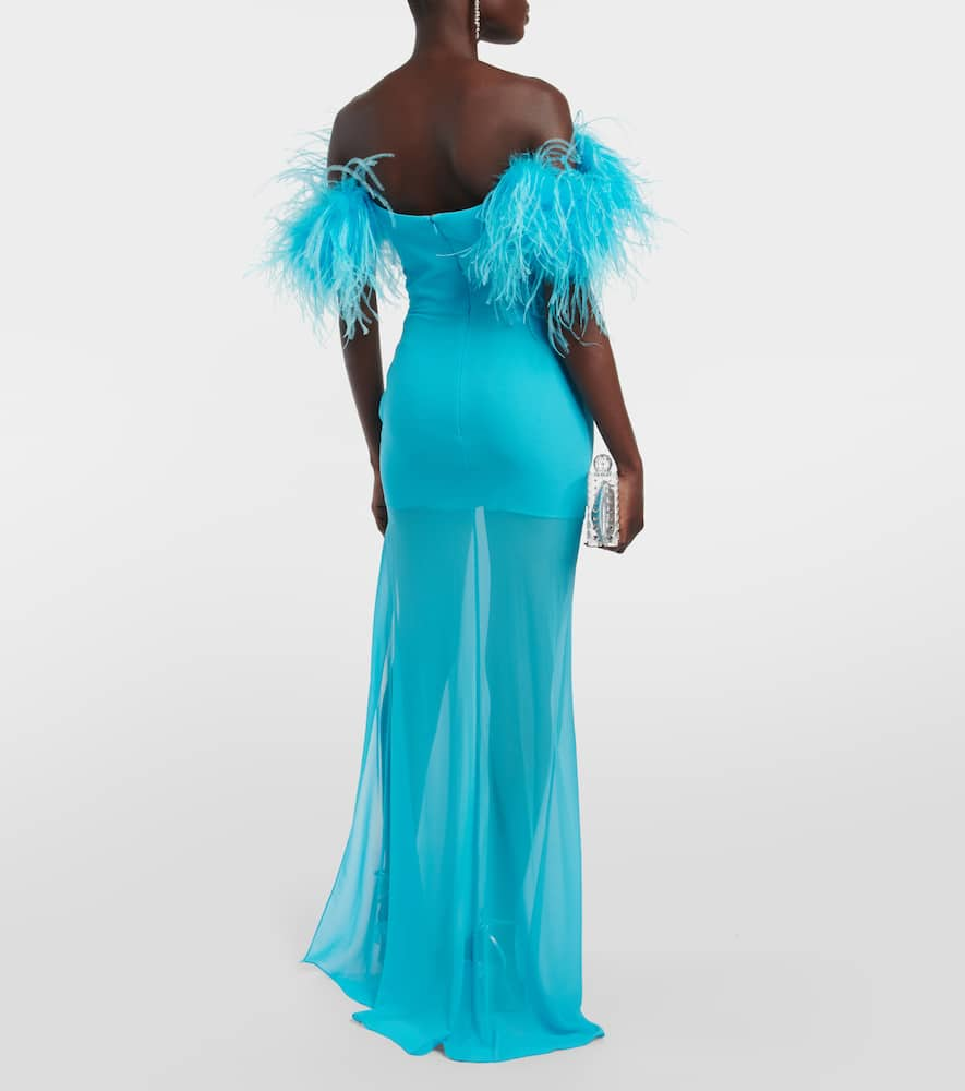 Shop Giuseppe Di Morabito Feather-trimmed Georgette Maxi Dress In Blue