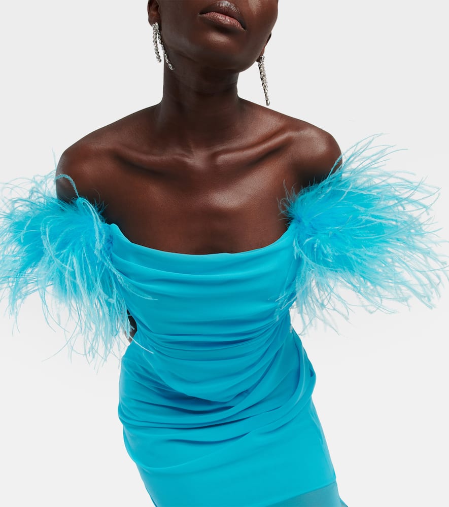 Shop Giuseppe Di Morabito Feather-trimmed Georgette Maxi Dress In Blue